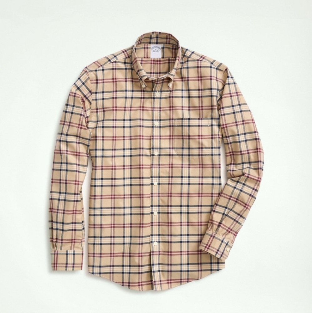 Brooks Brothers Regent Shirt Mens Beige Plaid Button Up Work Supima Medium